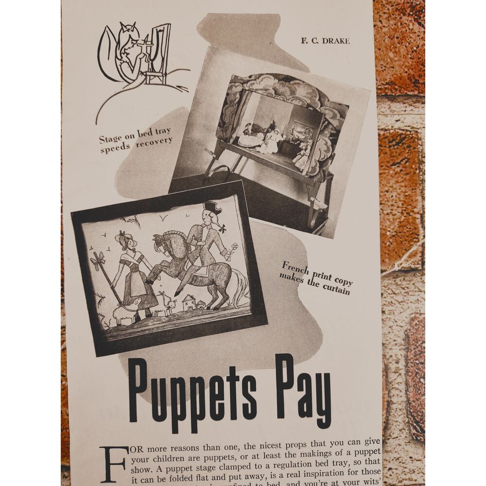 1942 Vtg Print Article "Puppets Pay" by F.C. Drake‎ - Play for Sick Children